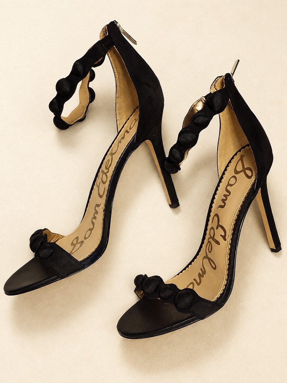 Sam Edelman Black Satin Scalloped Ankle-Strap Sandals with Button Trim Size 10